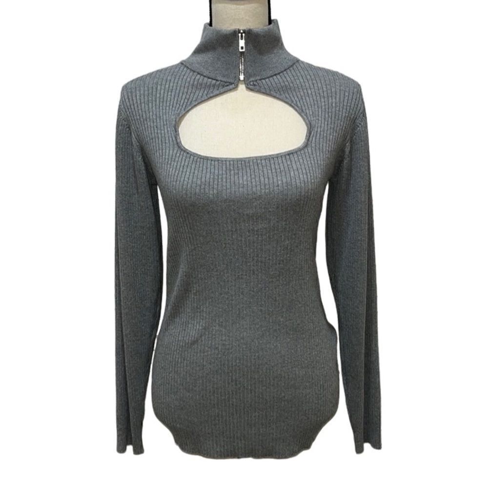 Ashley Stewart Mock Neck Zip Detailed Ribbed Knit Sweater